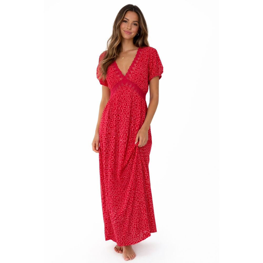 Free People Red Maxi Dress with V-Neck